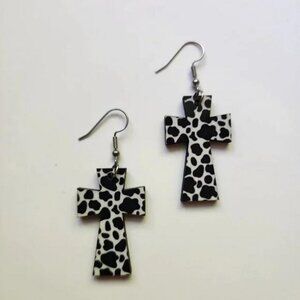 Cow Print WoCow Print Wood Cross Dangle Drop Earrings